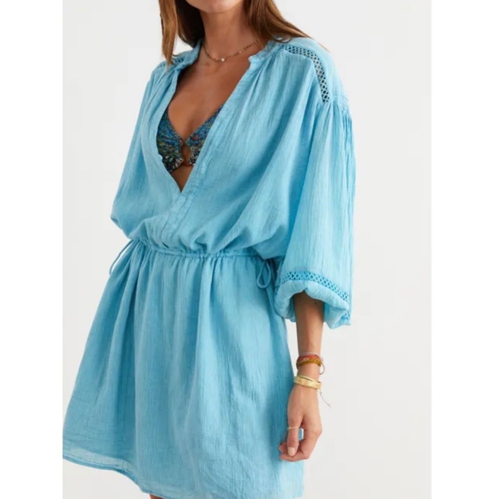 BOTEH Cotton Gauze Mini‎ Dress 1 Blue Beach Coverup Boho Vacation Travel Resort
